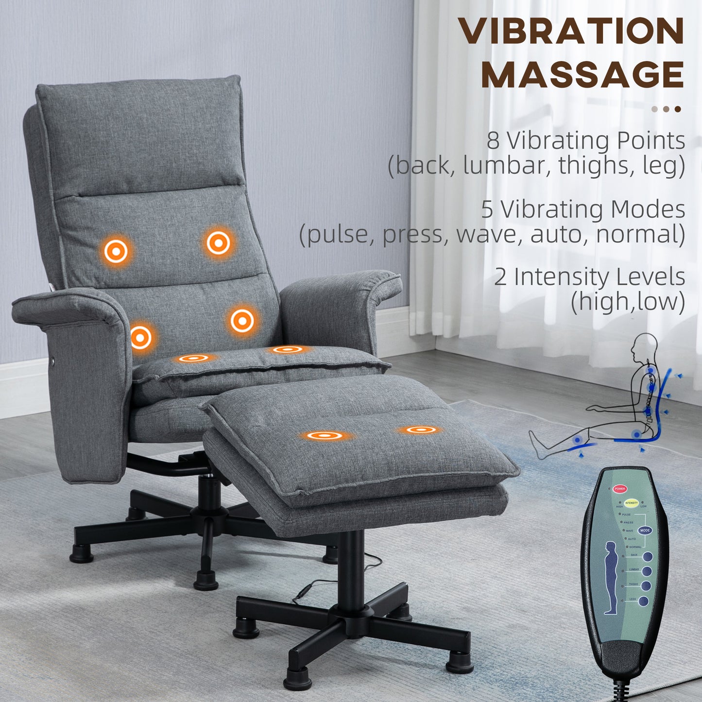 Swivel Recliner Chair And Footstool, Upholstered Massage Recliner Armchair With Remote Control, Timer And Steel Base, Grey