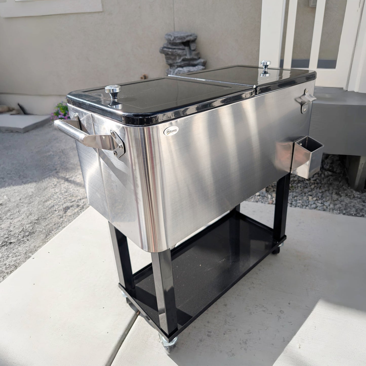 80 QT Rolling Cooling Bins Ice Chest on Wheels Outdoor Stand Up Drink Cooler Cart for Party, Silver