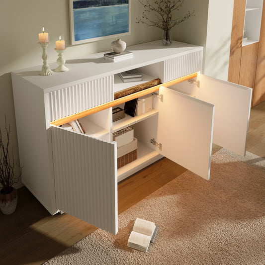 Sideboard White With LED 140x40x85 Cm, Chest Of Drawers With 2 Drawers And 3 Doors, Cabinet With Adjustable Shelves, Modern Living Room Cabinet Hallway Kitchen Cabinet