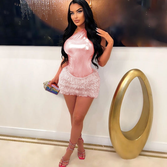 Womens Fashion Jumpsuit And Glossy Sexy Short Skirt Two-piece Set