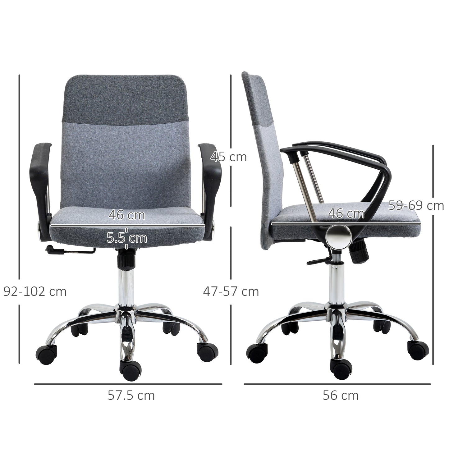 Vinsetto Office Chair Linen Fabric Swivel Computer Desk Chair Home Study Adjustable Chair With Wheels, Grey
