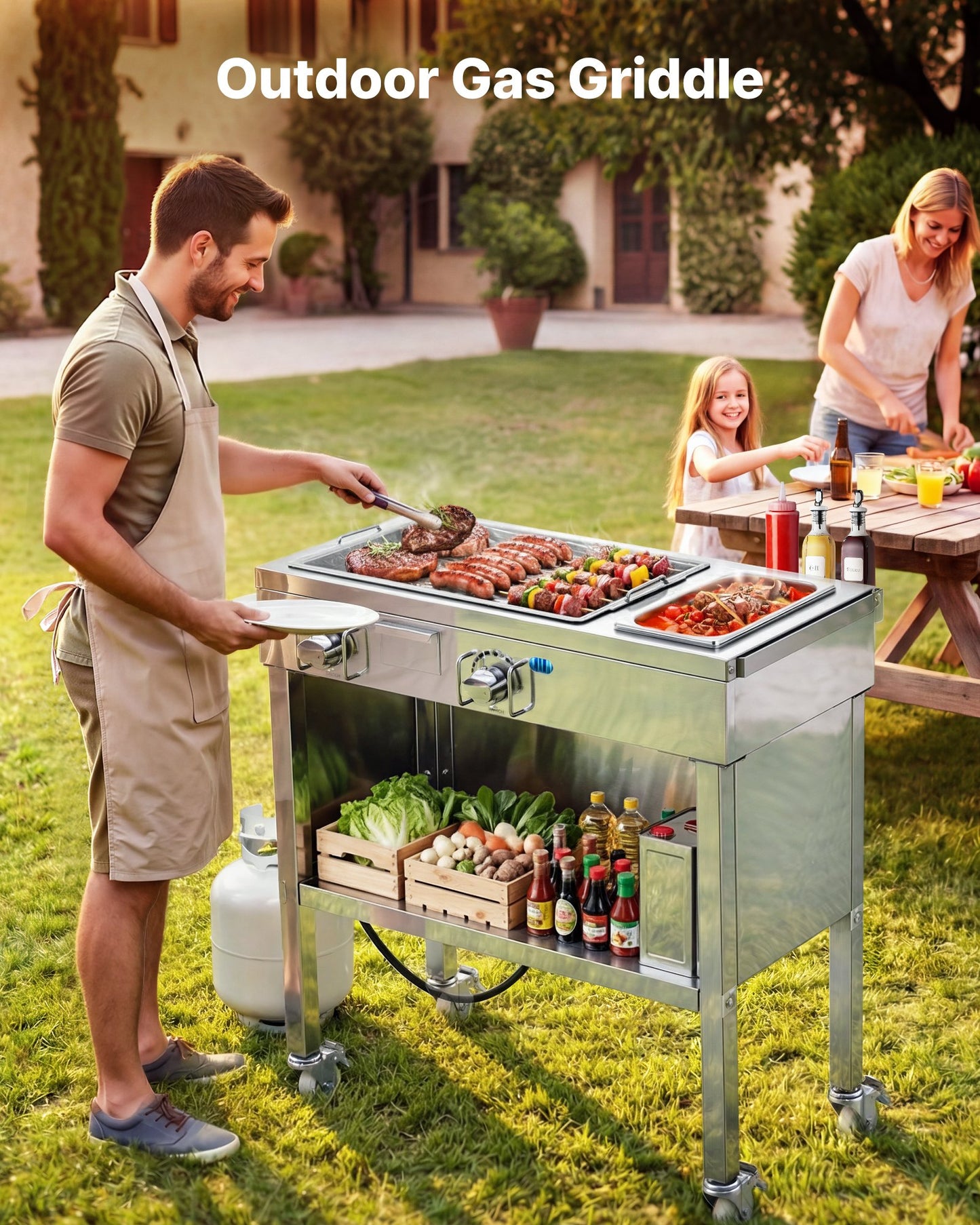 Outdoor Propane Griddle, 2 Burners (11,600 BTU Each), Commercial Stainless Steel Gas Griddle Cart With 4 Lockable Wheels, 1/3 Food Pan, Easy-Grip Side Handle, Ideal For Hot Dogs, Burgers & Meats