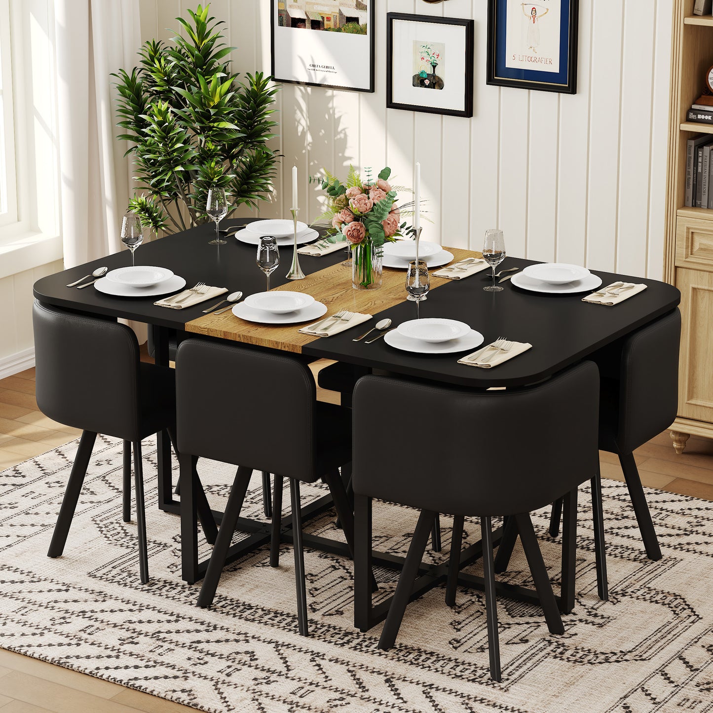7 Piece Dining Table Set With 6 Black PU Chairs, Two-Tone Black & Wood Grain Rectangular Kitchen Table  Triamine Board , Modern Dining Room Furniture Set For Small Space, Apartment, Restaurant