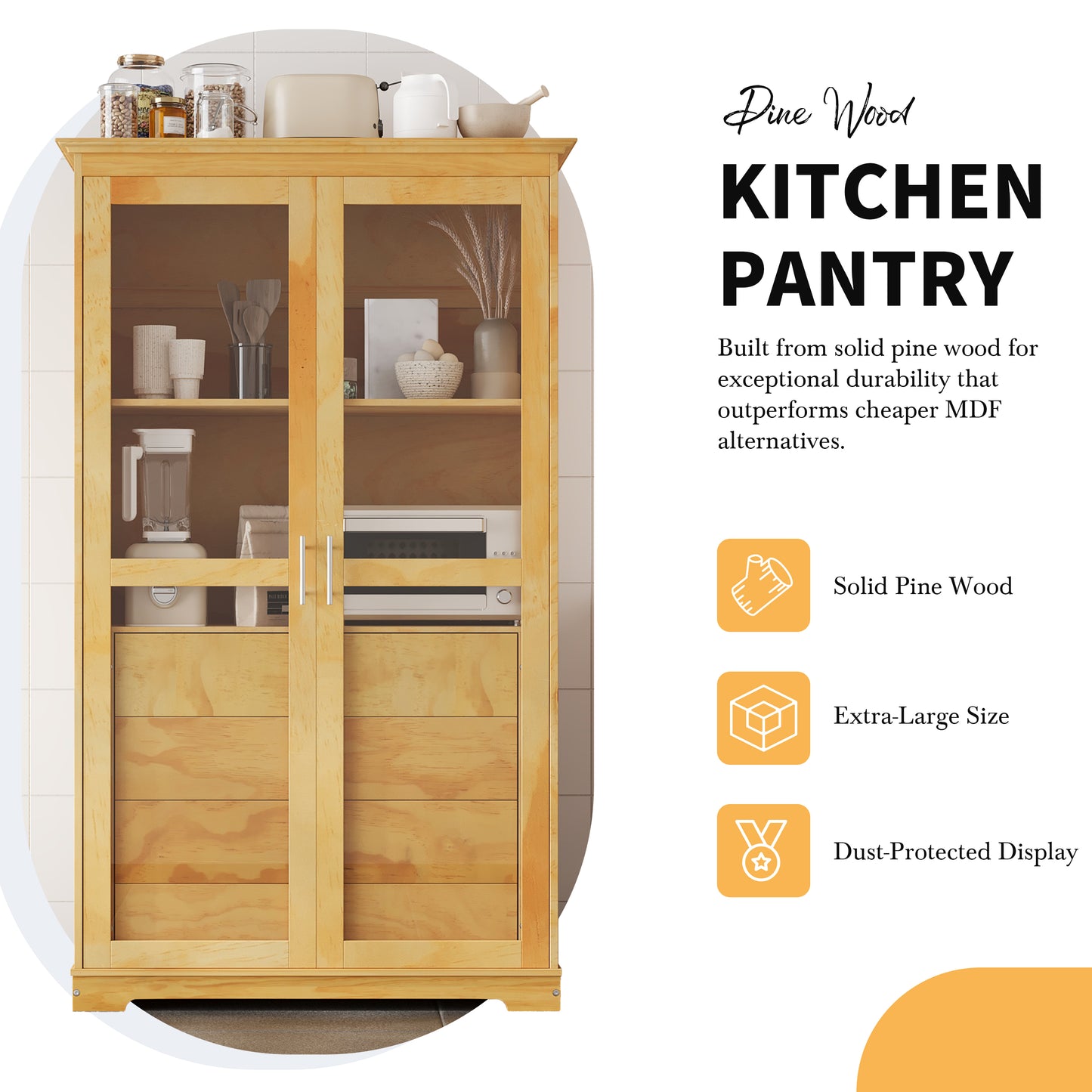 TOPMAx 44.7x20x75inch Kitchen Pantry  Freestanding Kitchen Storage Cabinet Display Cabinet With Glass Doors And 4 Built- In Drawers For Living Room  Home Office  Natural