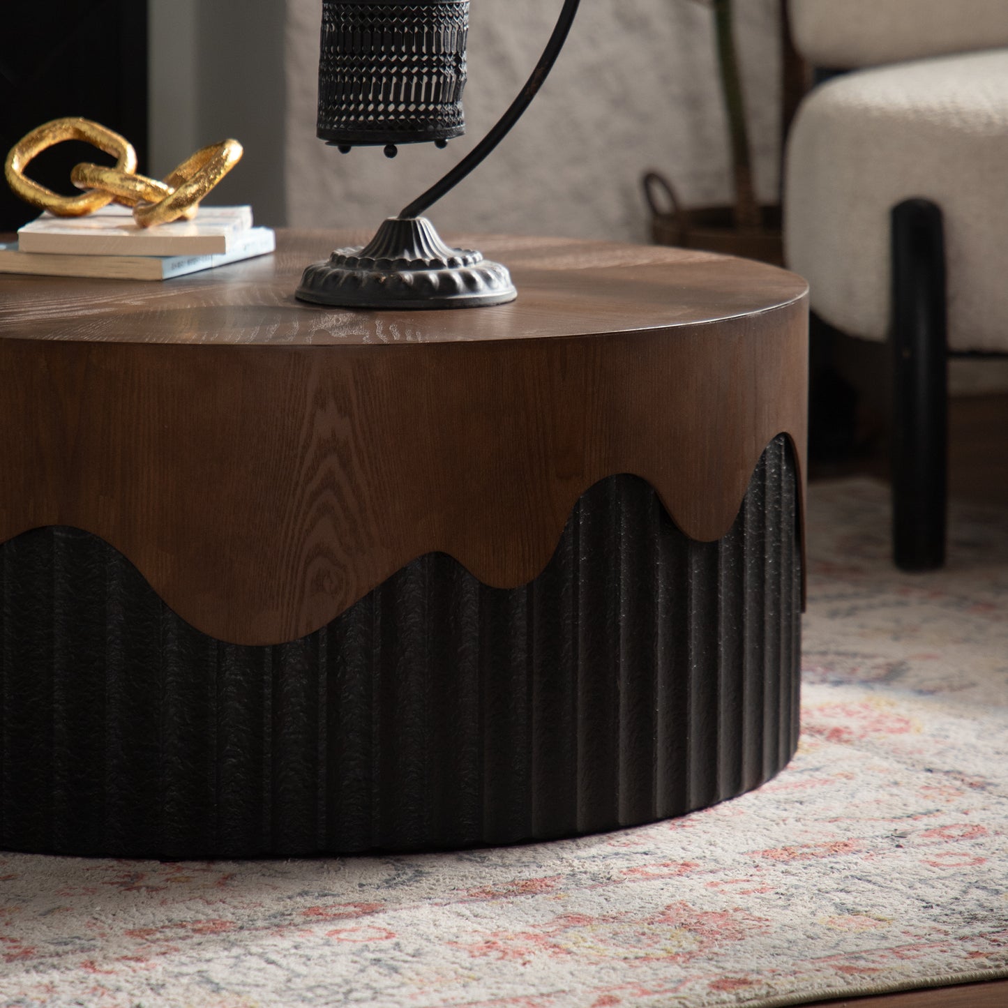 30.31  Round Coffee Table Handcrafted Relief Sturdy Pedestal Wooden Tea Table For Living Room No Need To Assemble
