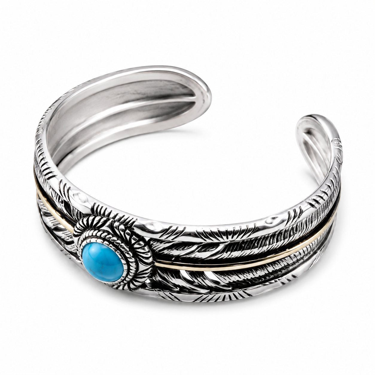 Vintage Native Feather Turquoise Open Cuff Bangle For Men Women, Copper Plated Silver Two-Tone Oxidized Western Tribal Adjustable Wrist Jewelry Gift
