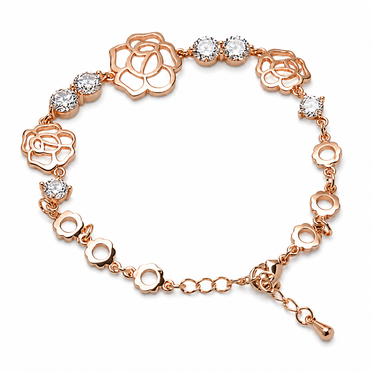 Rose Gold Openwork Rose Flower Cubic Zirconia Link Bracelet For Women, Copper Plated Silver Adjustable Extension Chain Floral Dainty Wedding Daily Jewelry Gift