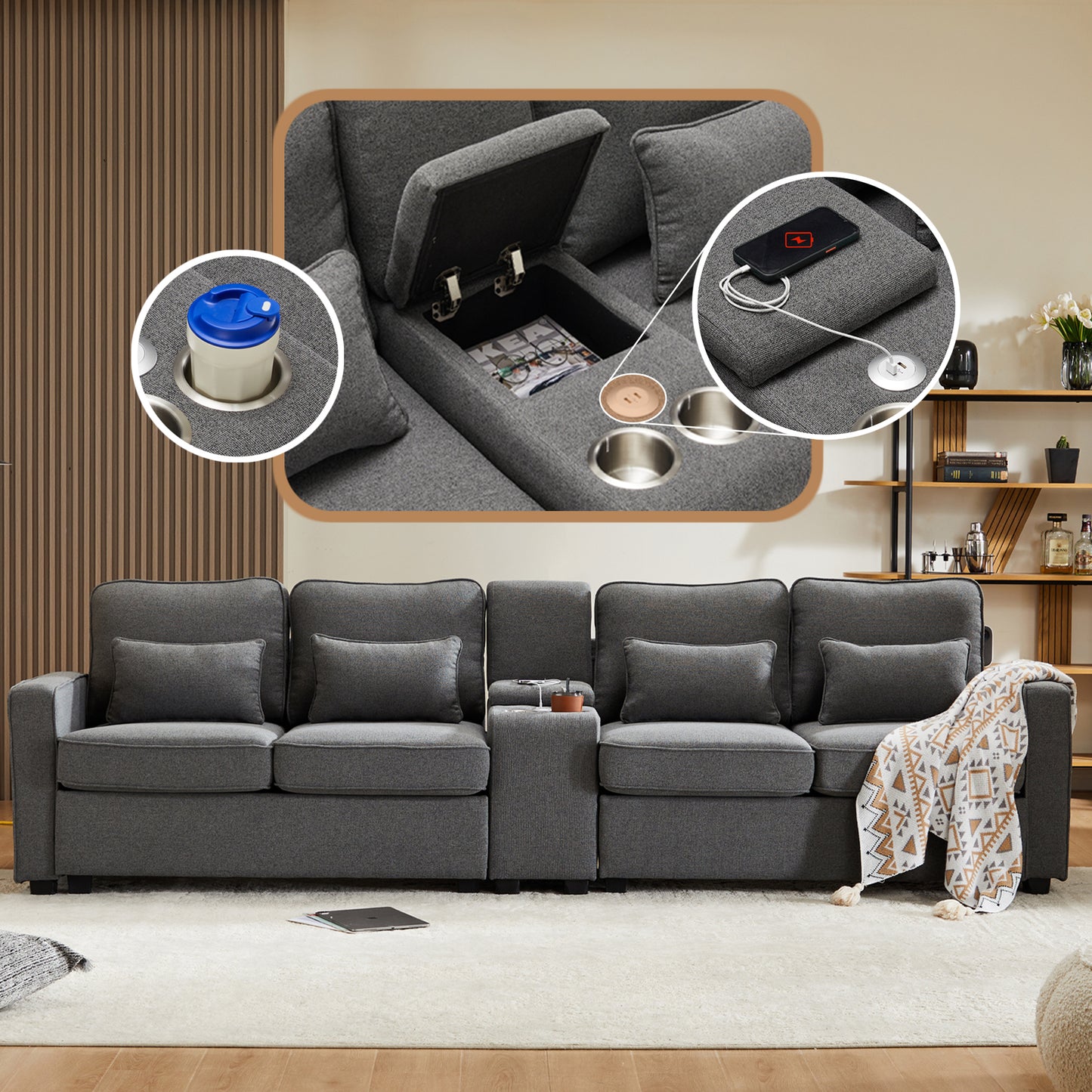 Modern 4 Seater Sofa In Linen Fabric With Console, 2 Cup Holders, 2 USB Ports For Charging With Cable, With Armrest Pockets And 4 Cushions, Simple Sofa For Living Room, Apartment, Office