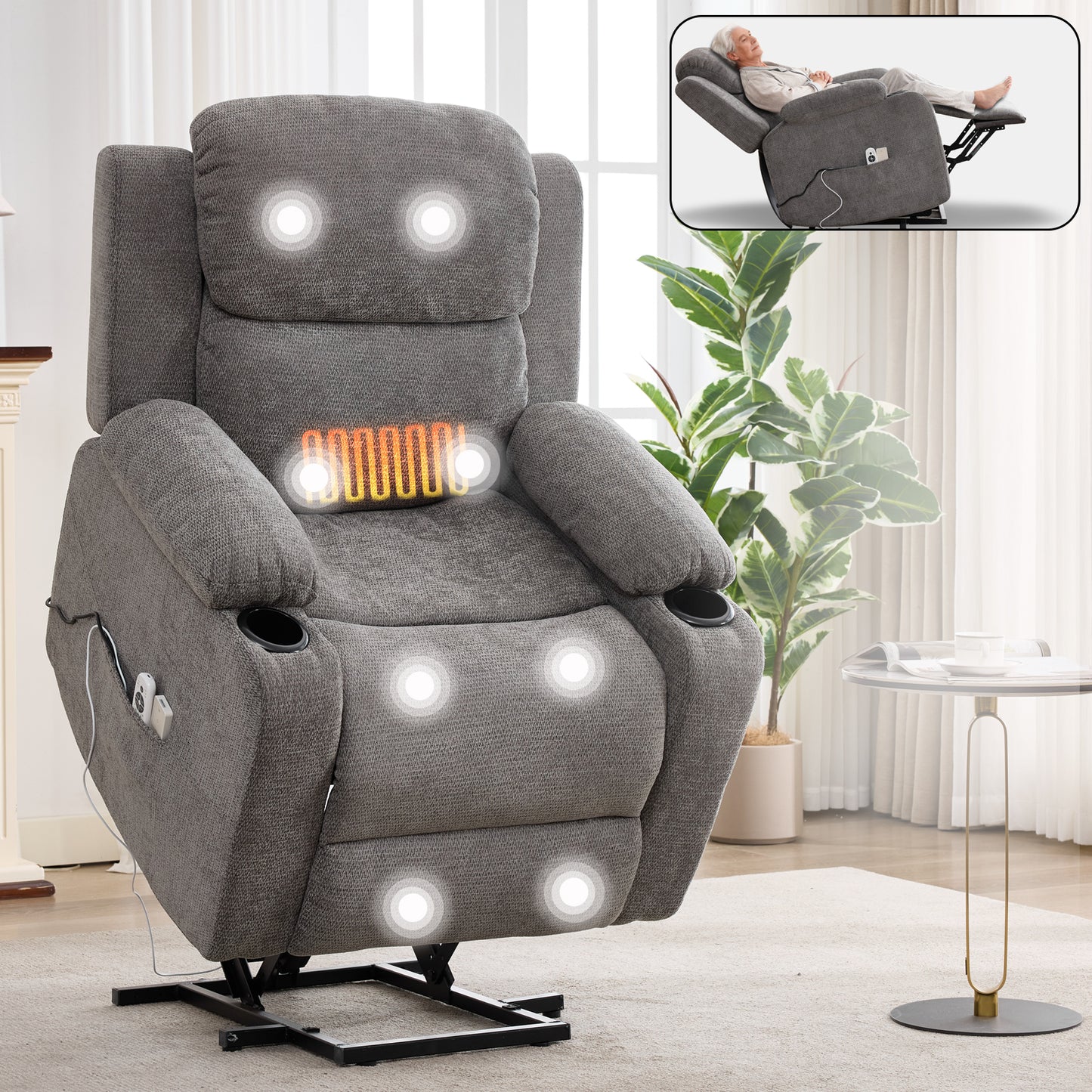 Infinite Position Single Motor Up To 350 LBS Power Lift Recliner Chair For Elderly, Heavy Duty Motion Mechanism With 8-Point Vibration Massage And Lumbar Heating, Cup Holders, Grey