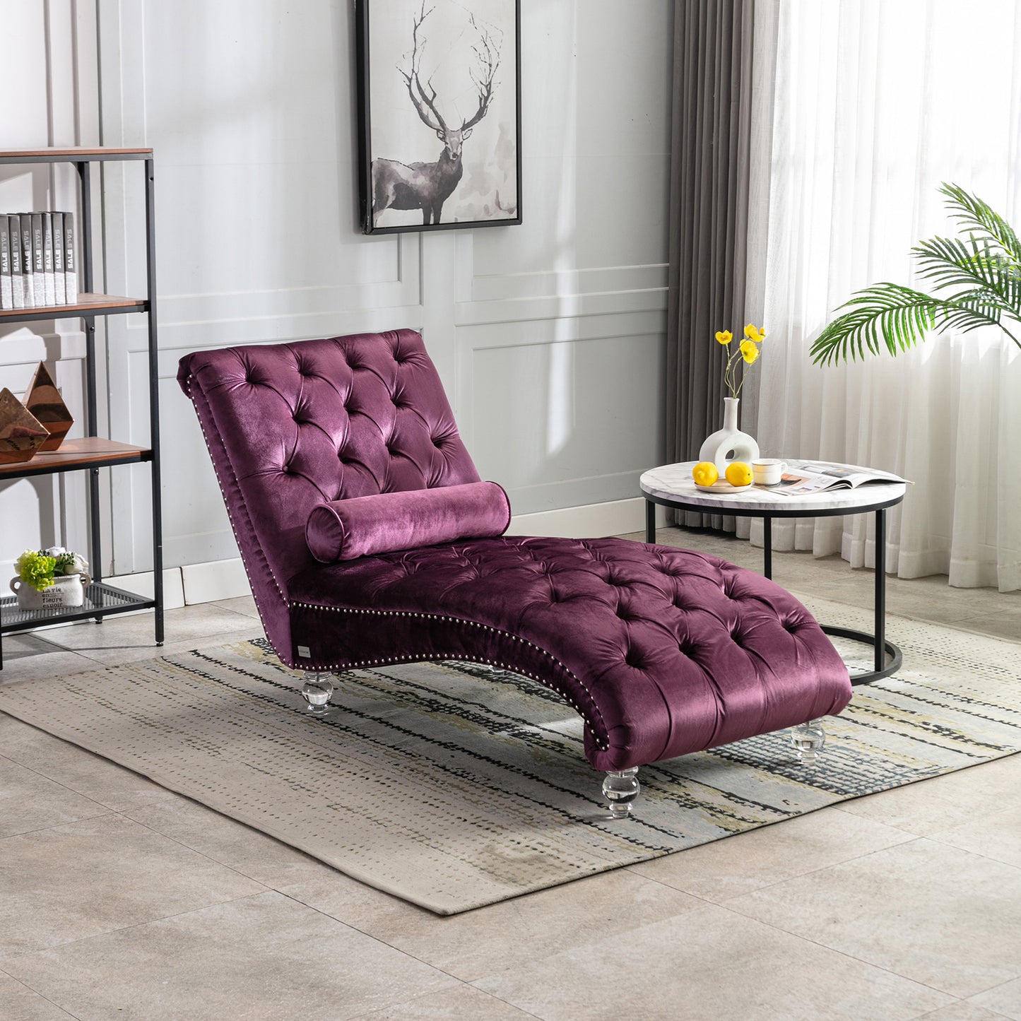 Velvet Chaise Lounge Indoor,Button-Tufted Upholstered Chaise Lounge Chair With Pillow For Bedroom Living Room Office  Purple Velvet