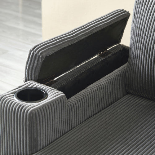 3 In 1 Convertible Corduroy Sofa Bed With Storage Chaise, L Shaped Sleeper Sofa Couches With Armrest Storage And Charging Station. Pullout Sectional Daybed For Living RoomBedroomOffice, Grey