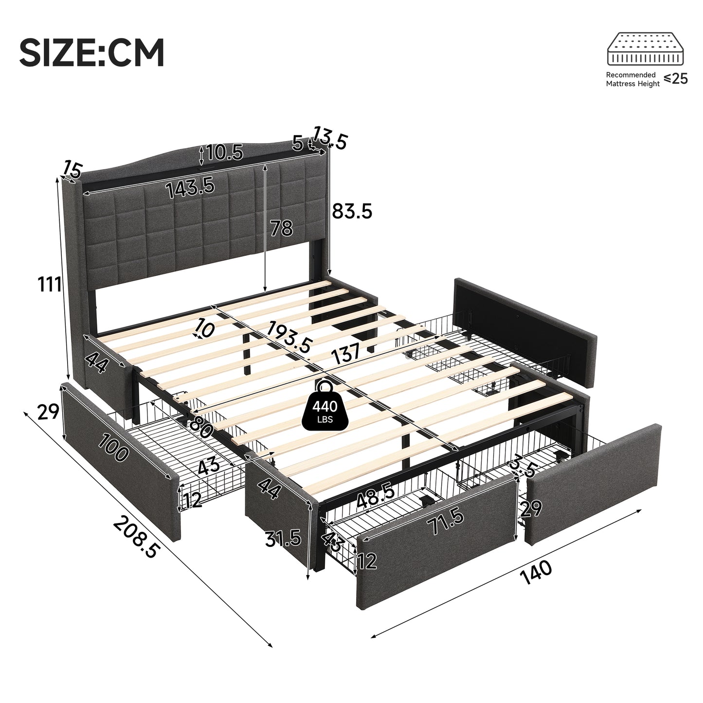 Upholstered Bed, 4ft6 Double Bed 135x190cm, Storage Bed, Soft Backrest, 4 Drawers With Pulleys, Metal Under-bed Bracket, With Bed Slats, Charging Port,For Adults & Teenagers, Linen, Grey   No Mattress