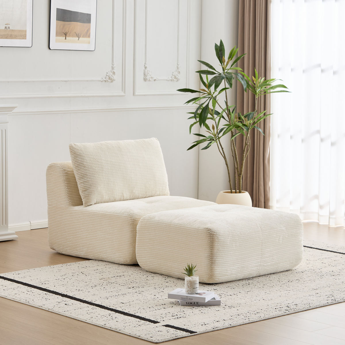 Modern Memory Foam Compressed Sofa,Single Chaise Longue For Living Room,Pet-Friendly Cloud Modular Sectional Sofa,Corduroy Fabric,Movable Ottoman,No Assembly Required,Beige