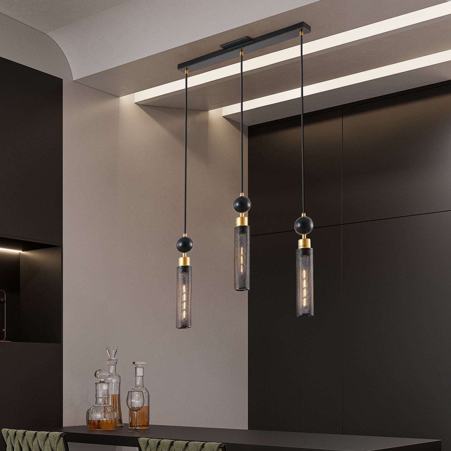 25  Modern Black And Gold 3-Light Pendant Chandelier, Adjustable Hanging Lights With Cylindrical Mesh Shades, E26 Base, Ideal For Dining Room, Kitchen Island, Or Living Room Lighting No Bulbs