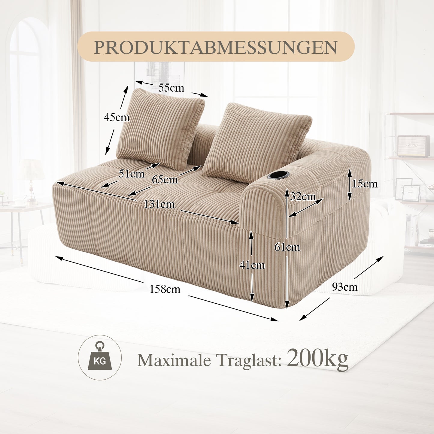 Cozy Corduroy Fabric Two-Seater Sofa  Without Assembly, Soft Back Cushions, Side Storage Pocket For Remote Control And Mobile Phone, Integrated Cup Holder  Neat And Aesthetic.