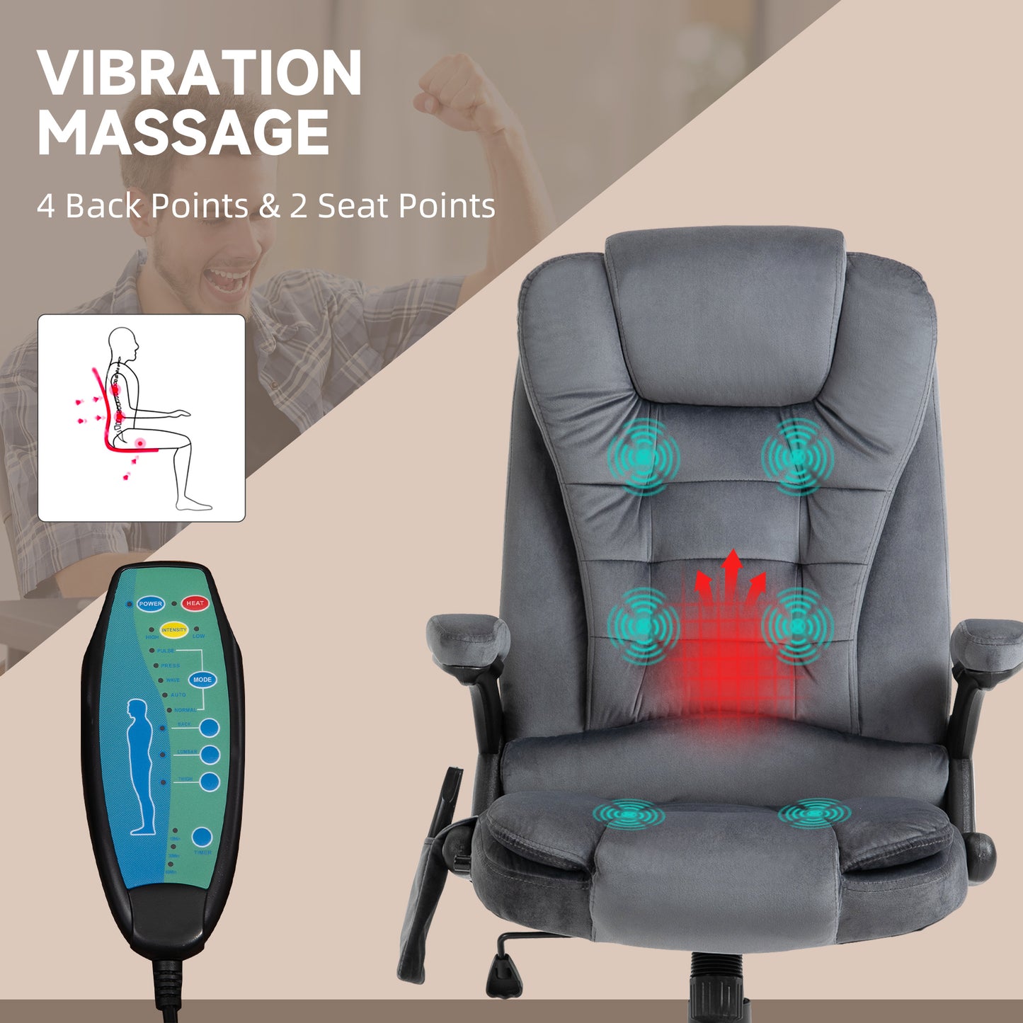 Vinsetto Massage Recliner Chair Heated Office Chair With Six Massage Points Velvet-Feel Fabric 360° Swivel Wheels Grey