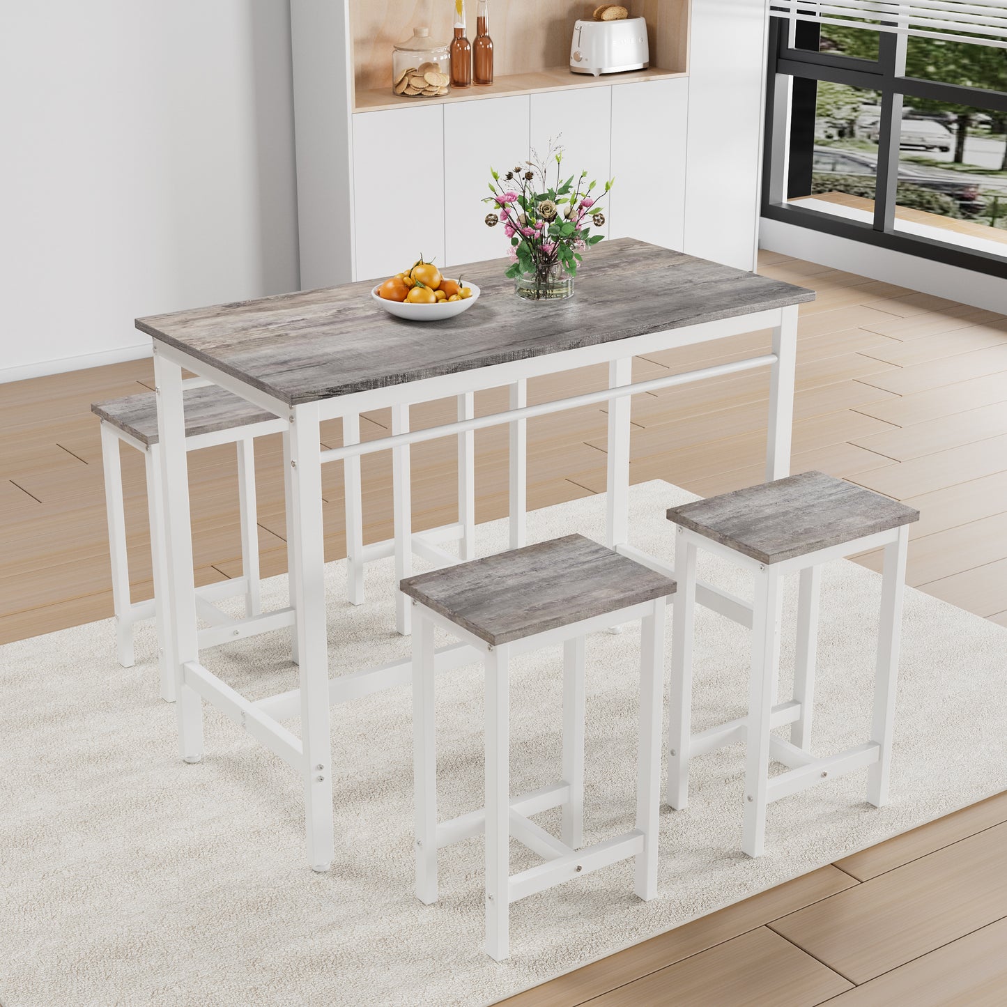 5-piece Modern Kitchen Table With Four Bar Stools Bar Table Set 5PC,metal Frame And MDF, White Oak,47.5  L X 23.7  W X 35.5  H.