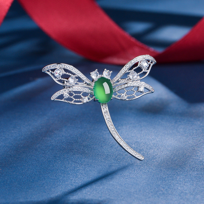 S925 Sterling Silver Dragonfly Brooch, 8x6mm Cabochon Green Chrysoprase, Platinum Plated 3.9g, Elegant Women's Brooch Pin With Gift Box