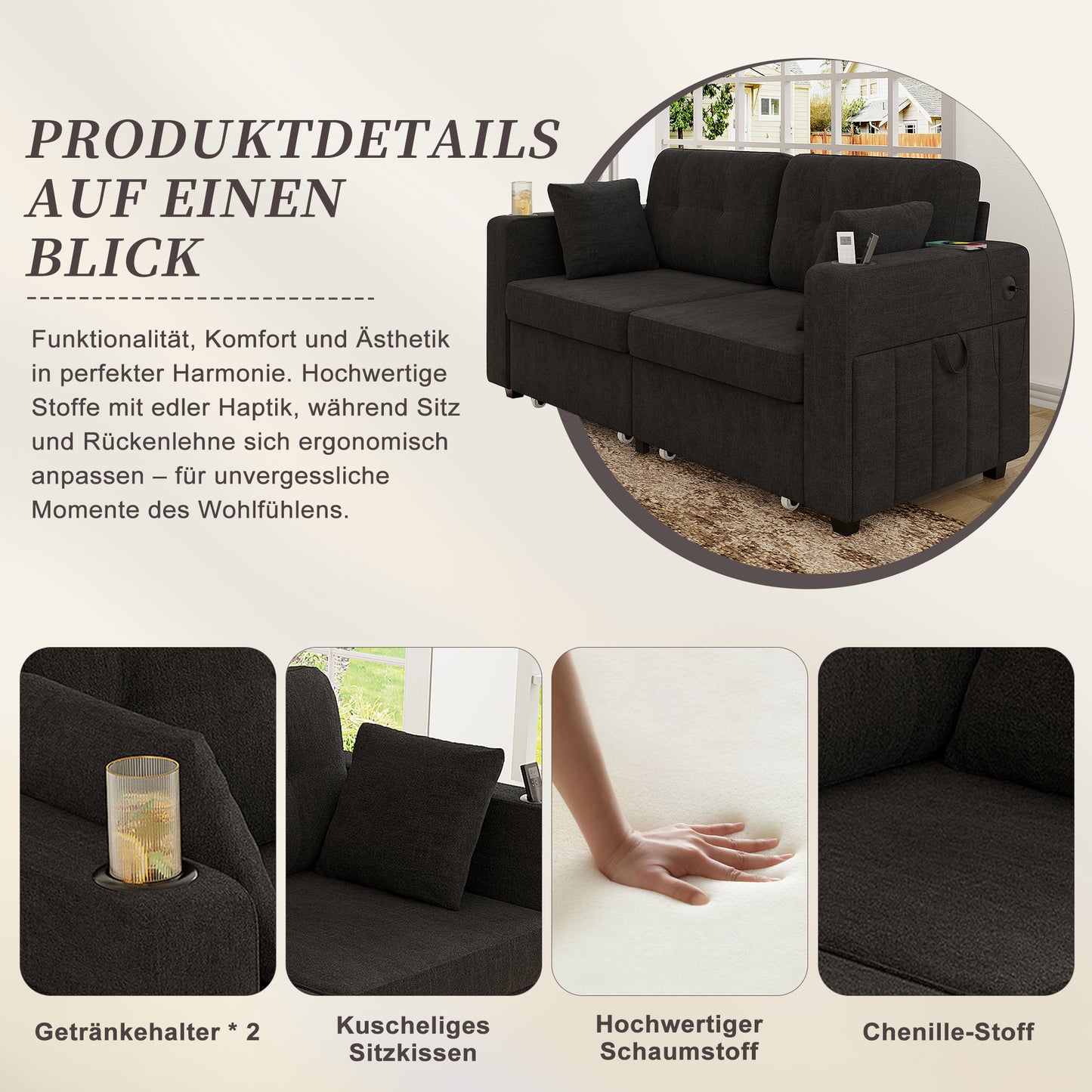 Two-seater Sofa With Two Storage Drawers And USB Charging Ports, With Cup Holders And Side Pockets, Equipped With Hidden Storage Compartments. Suitable For Living Rooms, Apartments And Reading Corners