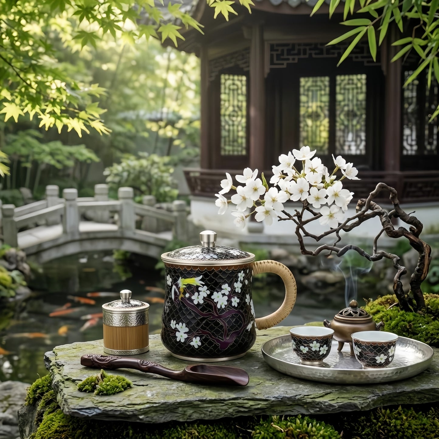 925 Sterling Silver Elegant Handcrafted Enamel Tea Mug with Plum Blossom and Bird Design - Handicraft
