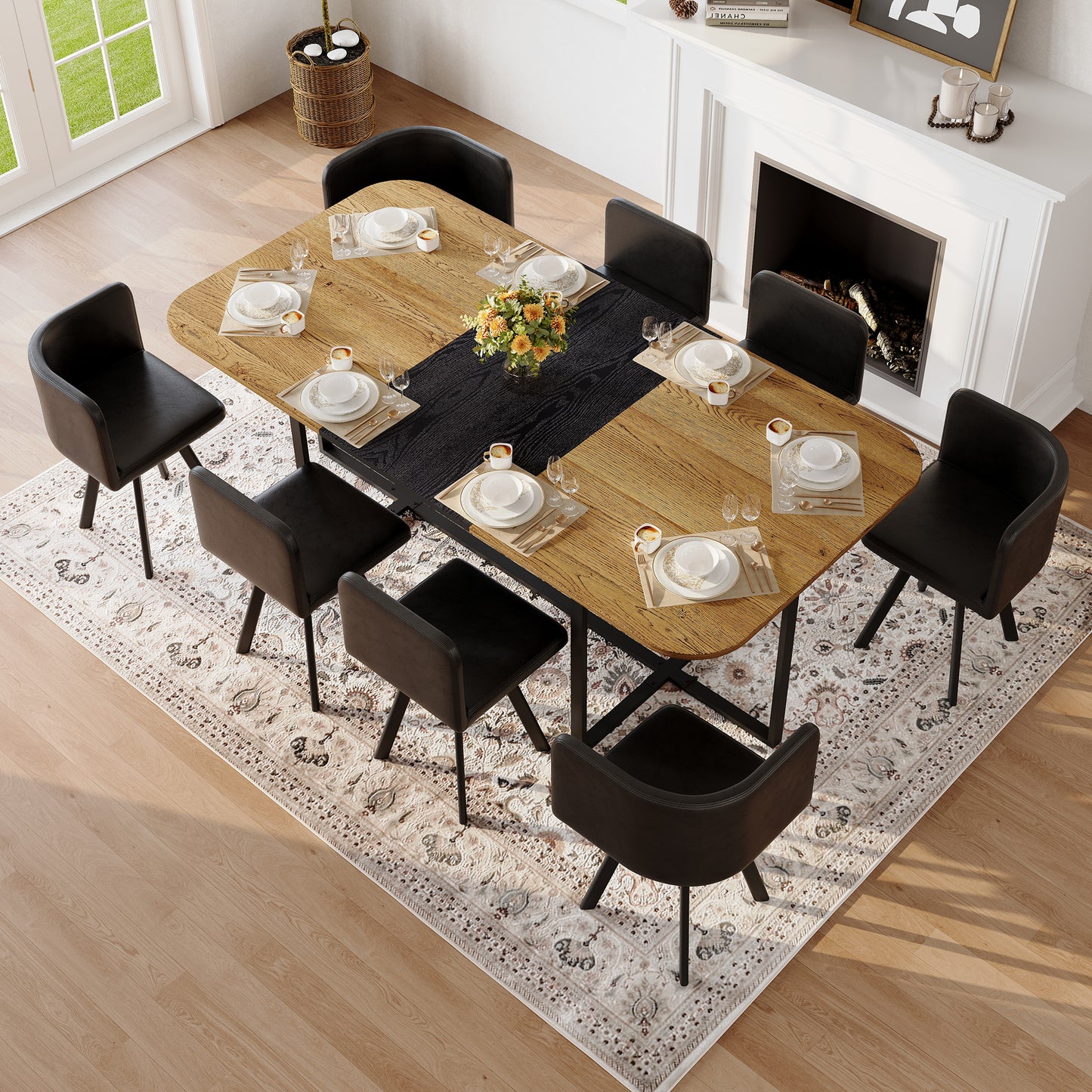 9-Piece Square Dining Table Set, Fixed Two-Tone Wood Grain & Black Wood Grain Triamine Tabletop With 8 Black Faux Leather Chairs, Modern Kitchen Table Set For 8 People, Ideal For Family Gatherings