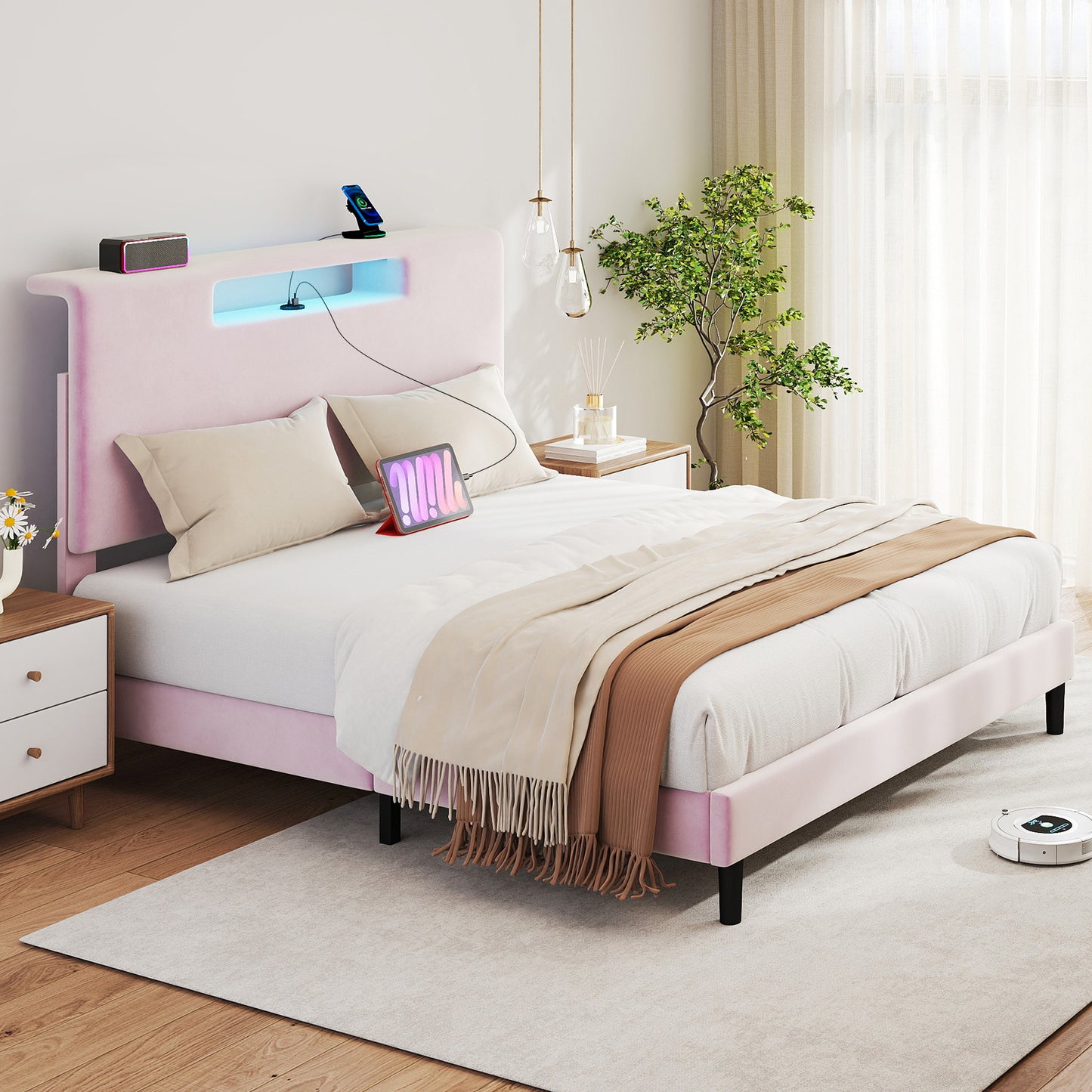 Queen Size Upholstered Bed Frame With High Headboard Adjustable LED Lights Charging Port Wood Slat Support Platform Bed Frame Noiseless No Box Spring Needed Easy Assembly