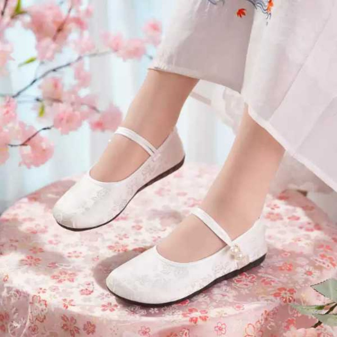 Spring & Summer Chinese Style Satin Shallow Flats -Soft Sole Breathable Mary Jane Cloth Shoes With Elegant Jacquard Texture, Perfect For Qipao & Hanfu Styling For Women