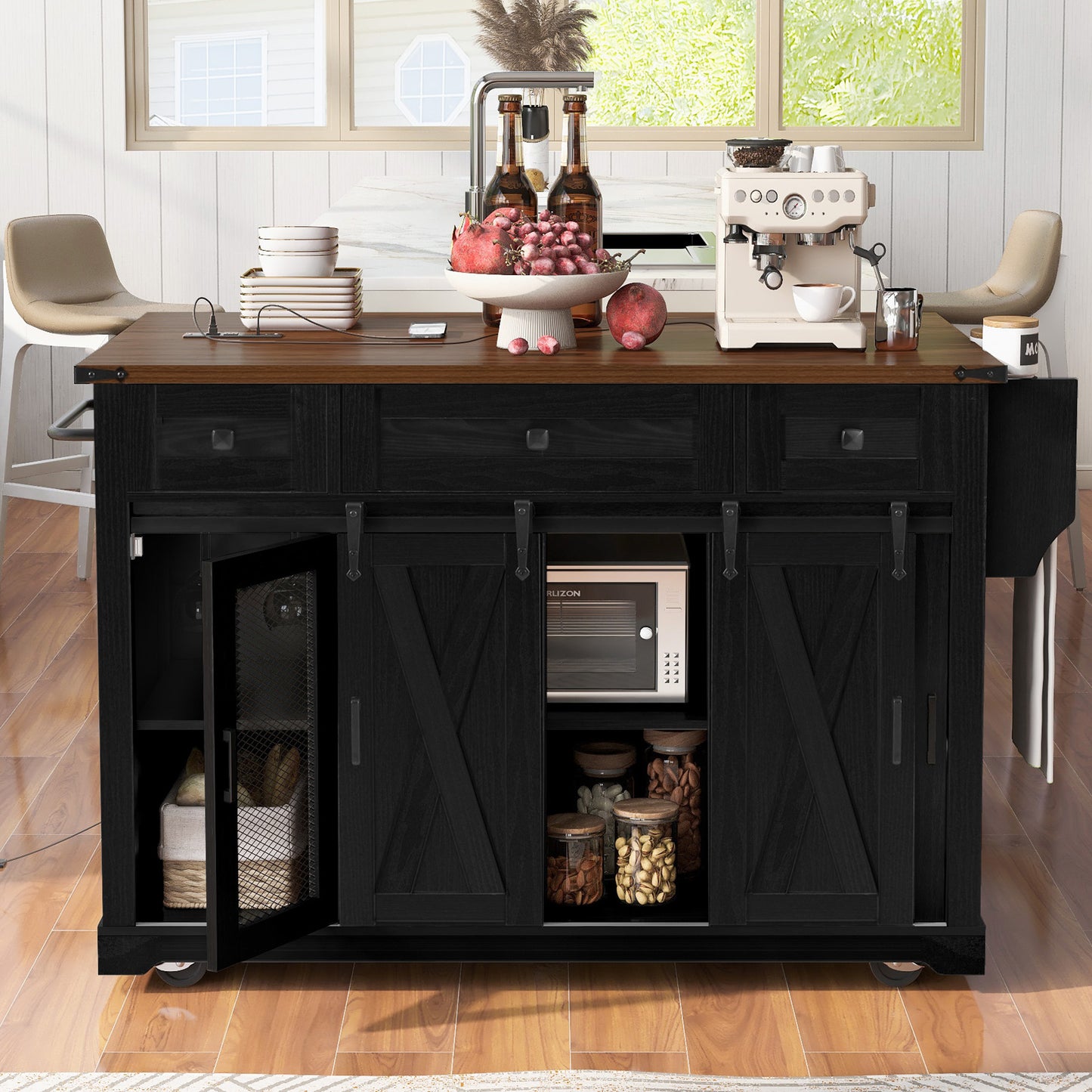 K&K 58 Farmhouse Kitchen Island With Storage,Sliding Barn Door & Metal Grid Side Door,Rolling Kitchen Island On 5 Wheels With Spice Rack, Glass Holders,Island Table With Drop Leaf For Kitchen,Black
