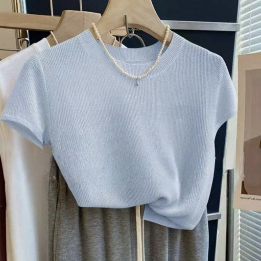 Korean-style Elegant Round-neck Minimalist Knitted Short-sleeve Top For Women