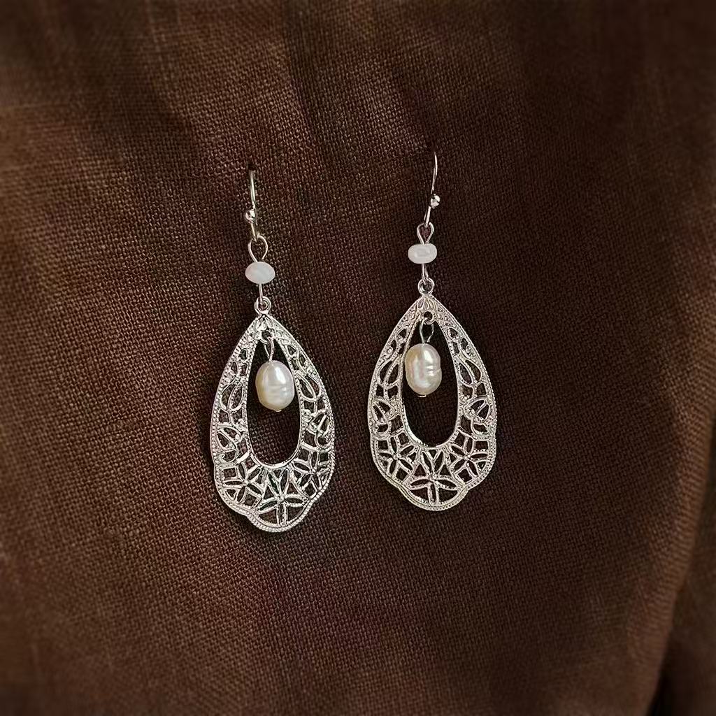 1 Pair 999 Sterling Silver Hollow Teardrop Natural Pearl Earrings, Retro French Style, Perfect For Daily Wear & Valentine's Gifts