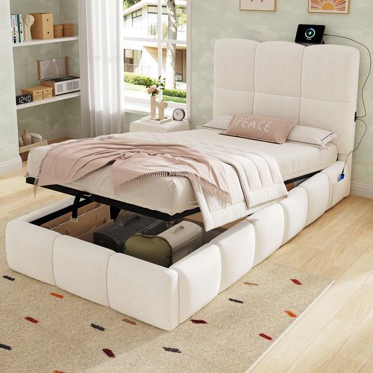 Upholstered Bed, Single Bed, Cot 90 X 200cm, Hydraulic Functional Bed, Bed With Slatted Frame, Headboard, Large Storage Space And USB Charging Port, Upholstered Headboard, Velvet, Beige
