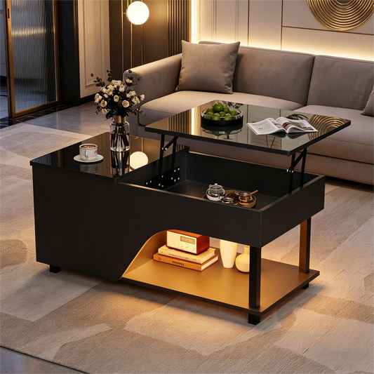 50 X 100 X 46cm Height Adjustable Living Room Coffee Table,Side Table With Hidden Storage,Openwork Coffee Table,High Gloss LED Sofa Table,Tea Table With Side Shelf,Black