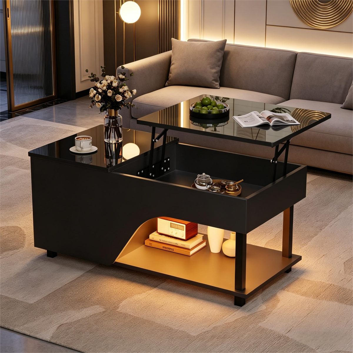 50 X 100 X 46cm Height Adjustable Living Room Coffee Table,Side Table With Hidden Storage,Openwork Coffee Table,High Gloss LED Sofa Table,Tea Table With Side Shelf,Black