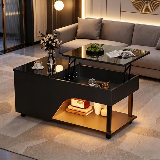 50 X 100 X 46cm Height Adjustable Living Room Coffee Table,Side Table With Hidden Storage,Openwork Coffee Table,High Gloss LED Sofa Table,Tea Table With Side Shelf,Black