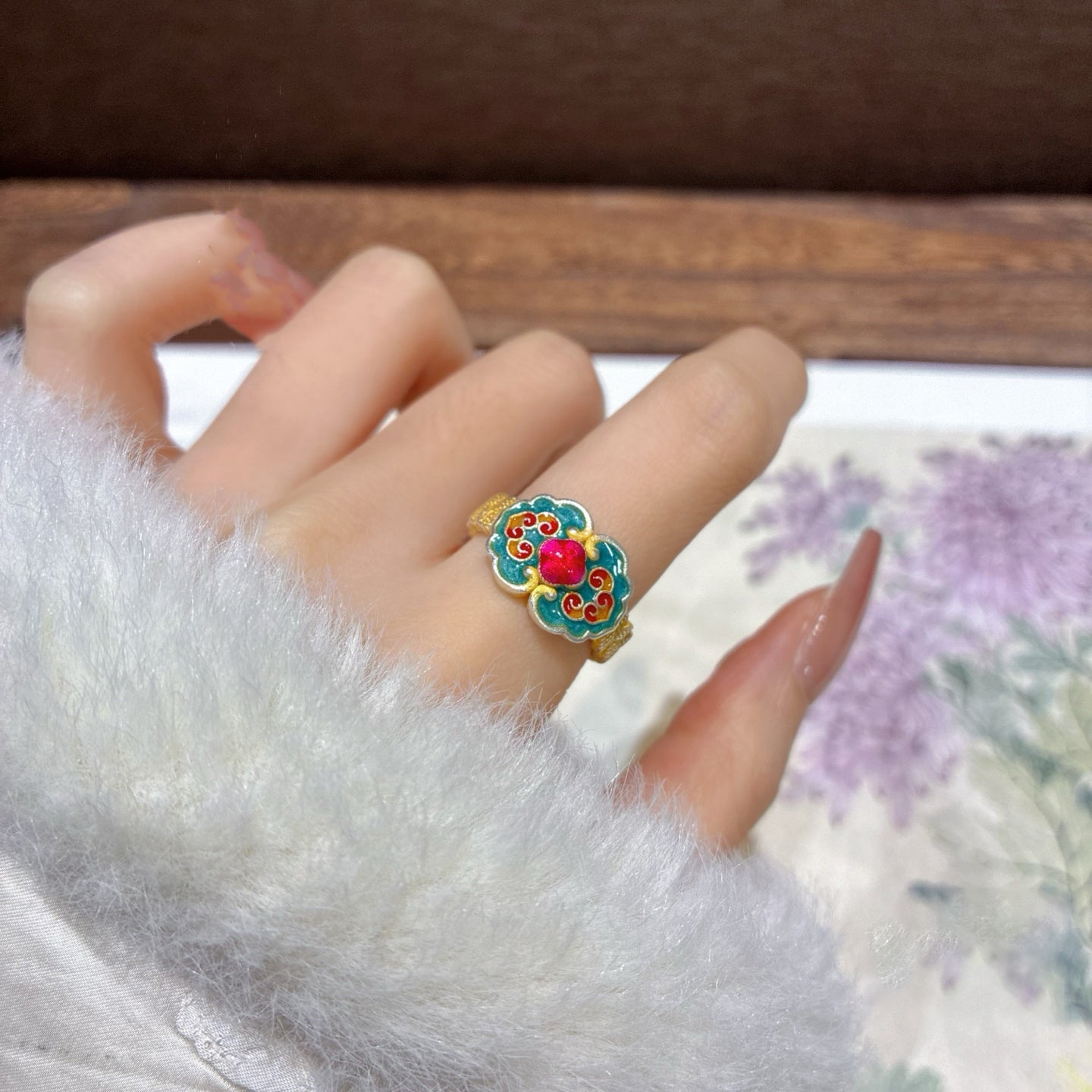 1pcs 999.9 Sterling Silver Enamel Ruyi Open Ring, Dainty Lucky Style, For Daily Wear & Casual Office Outfits