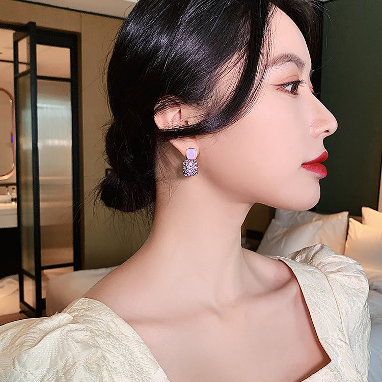 Korean Retro Purple Square Full Rhinestone Enamel Dangle Earrings, New Trendy Temperament Internet Celebrity Stud Earrings For Women