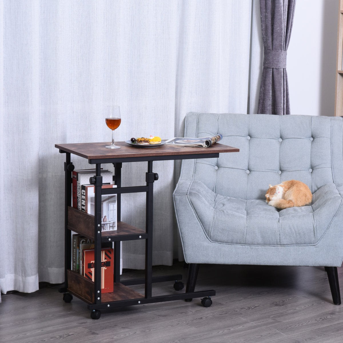 Industrial C-Shaped Mobile Rolling Sofa Side Table with 3-Tier Storage Shelving