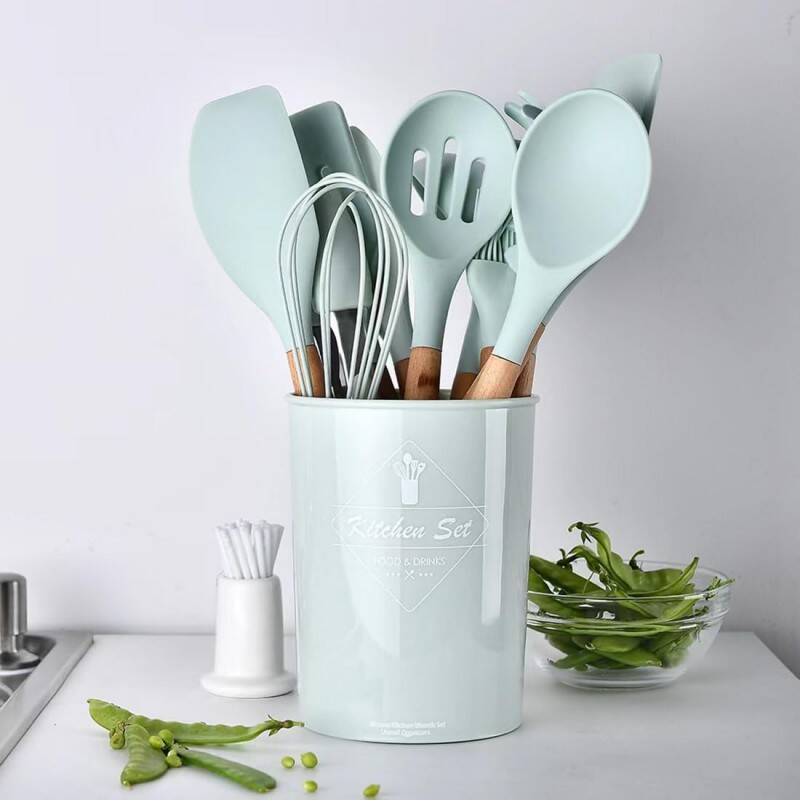 Kitchen Utensil Set 12 PCS Silicone Cooking Tools With Wooden Handle, Cooking Utensils Set Heat Resistant & Non-Scratch For Nonstick Pans, Utensil Set Includes Spatula, Spoon & Tongs, Kitchen Accessor