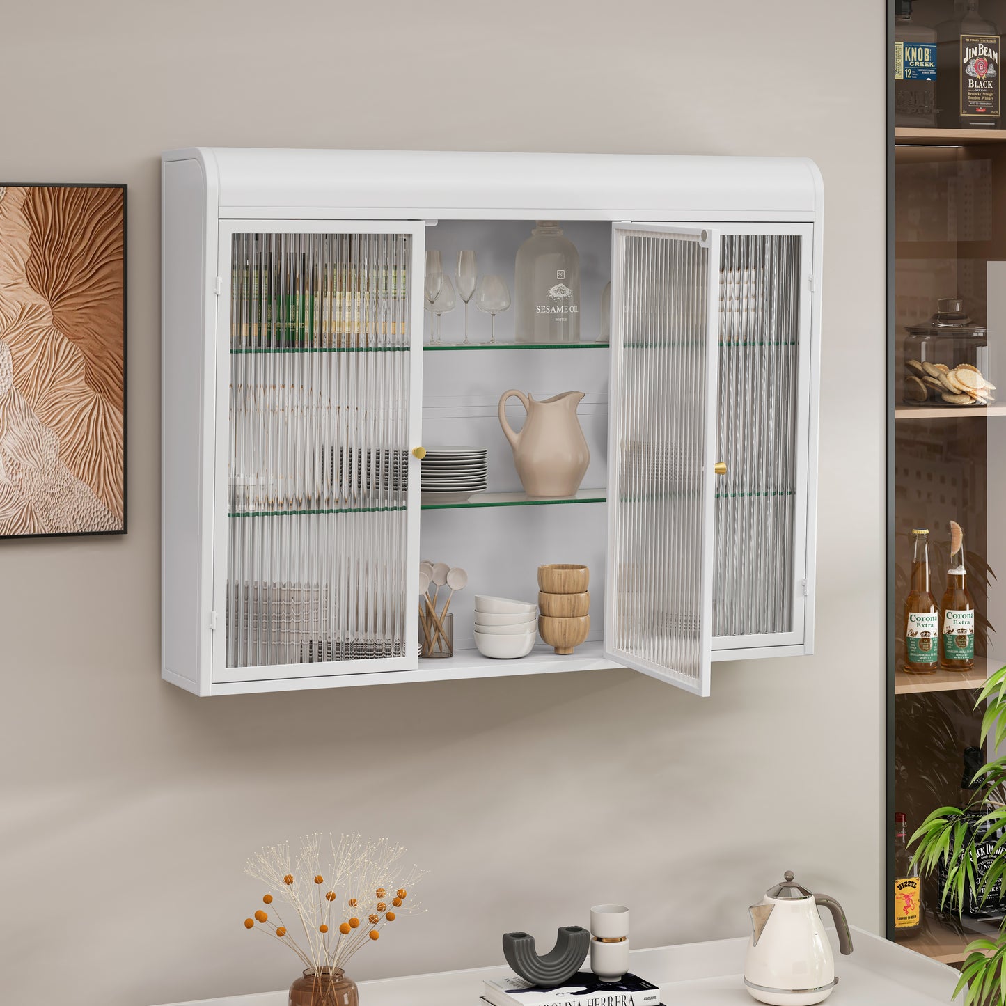 3 Door Arched Wall Mounted Glass Cabinets For Kitchen, Living Room And Bathroom White