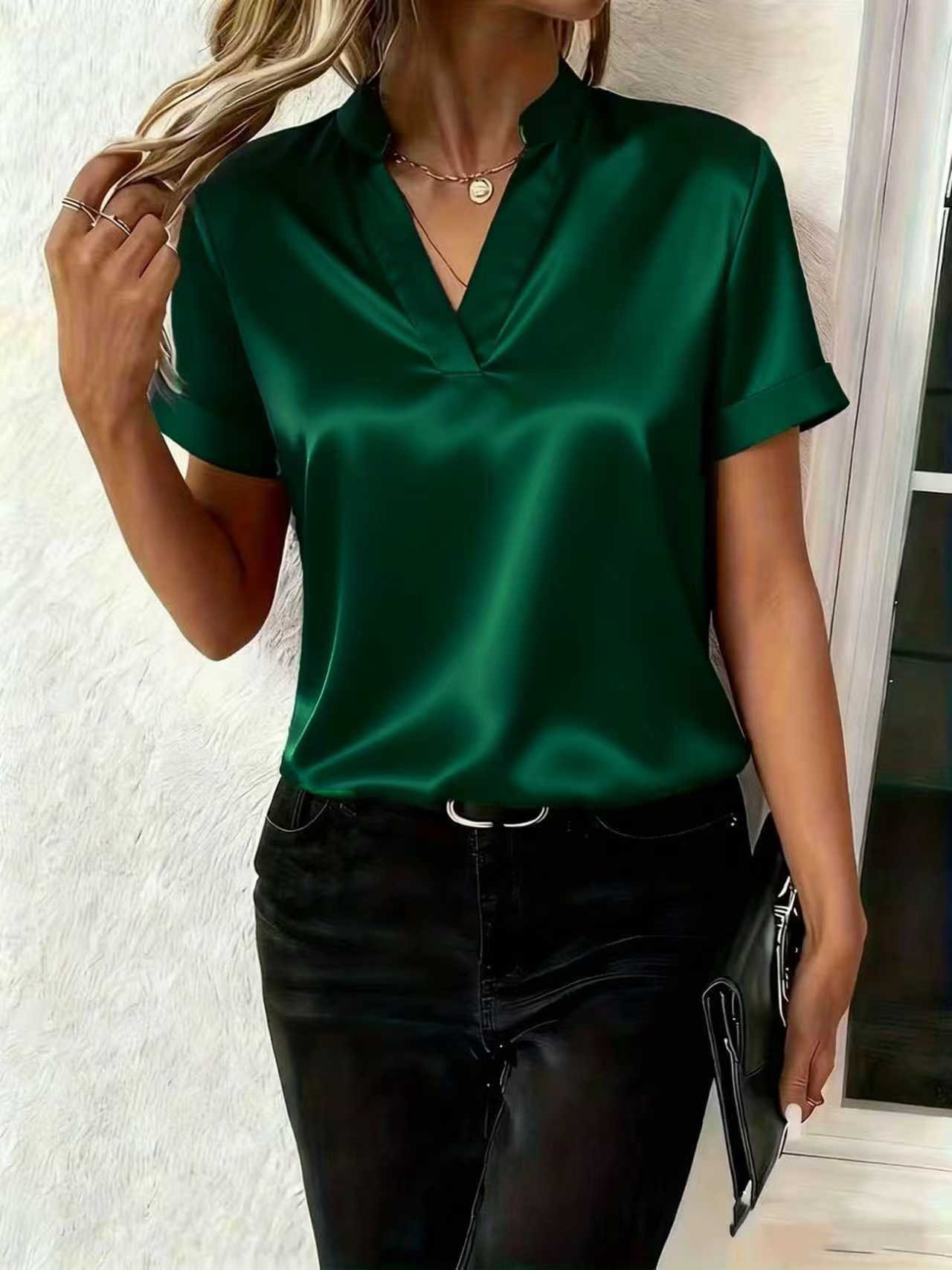 Women's Satin V-Neck Short Sleeve Blouse - Elegant Stand Collar Office Wear Top, Multiple Colors Available