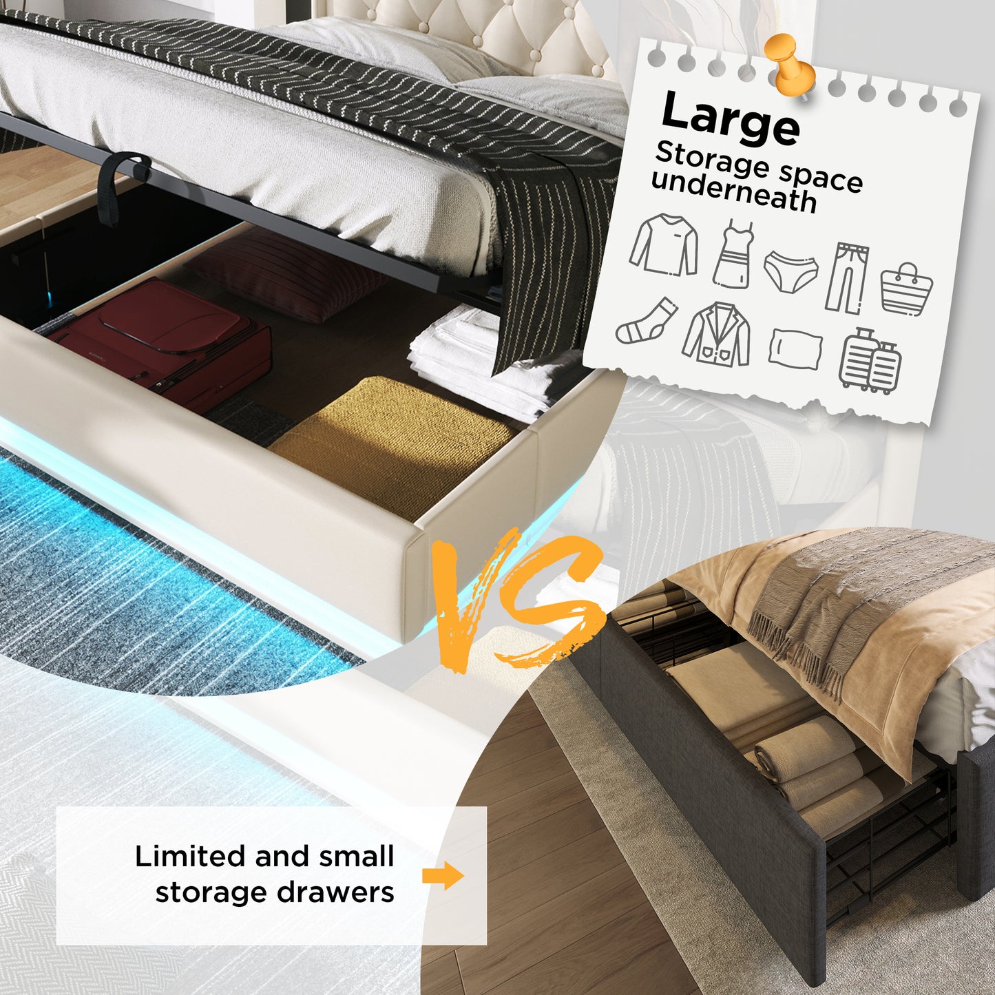 Upholstered Double Ottoman Bed With 360 Surround Led Function,Hydraulic Storage Bed Frame With Large Storage Space, 4ft6 Double Bed Frame With Charging Function,135 X190 ,PU, White