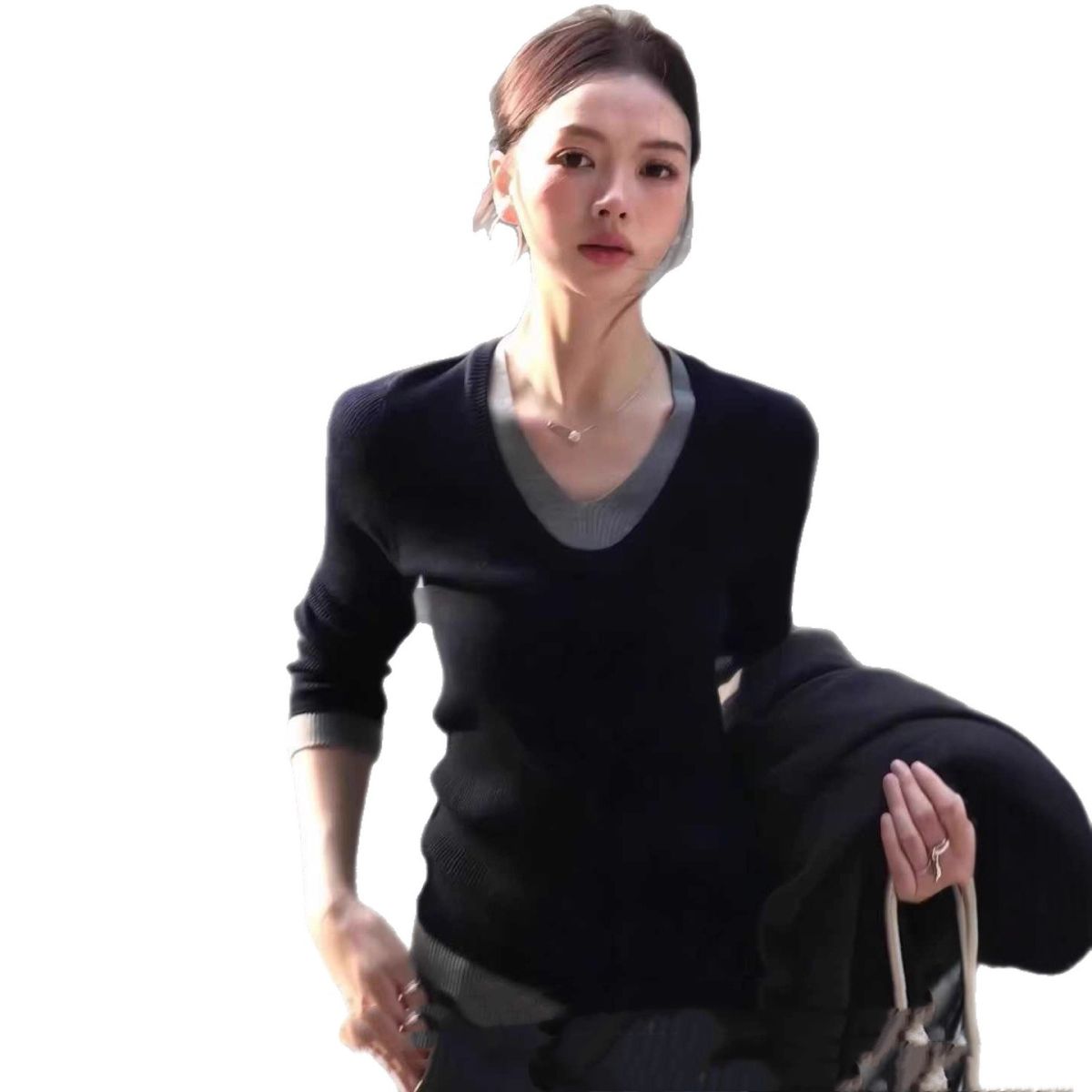 Korean Style Fake Two-piece V-neck Knitted Bottoming Shirt