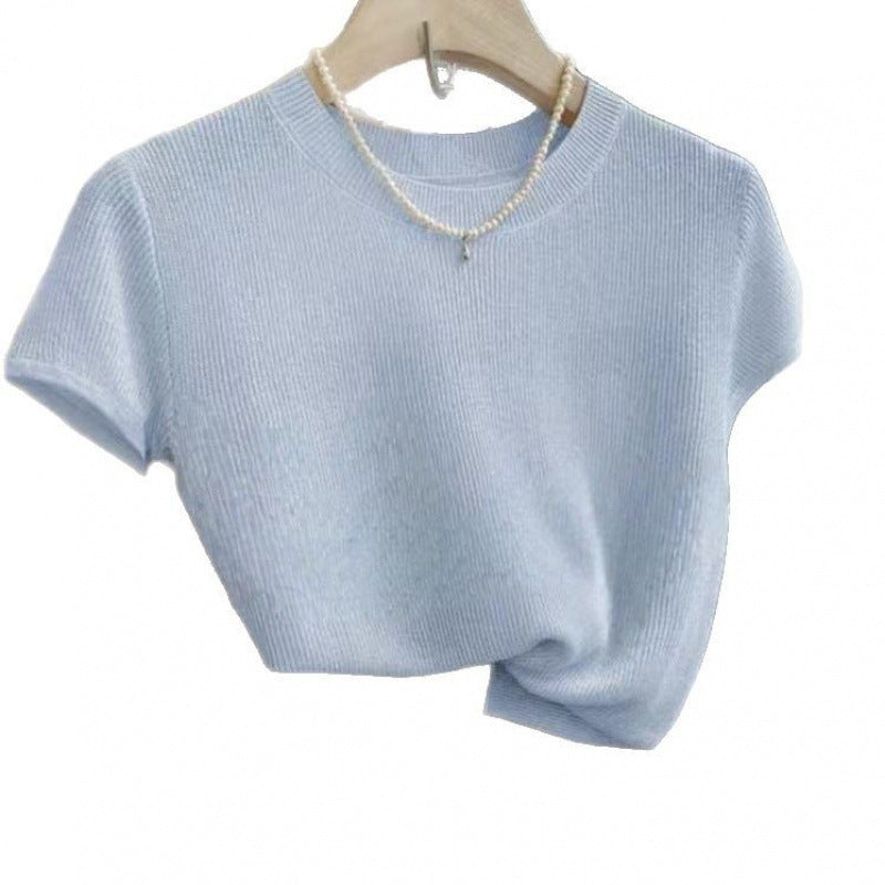 Korean-style Elegant Round-neck Minimalist Knitted Short-sleeve Top For Women