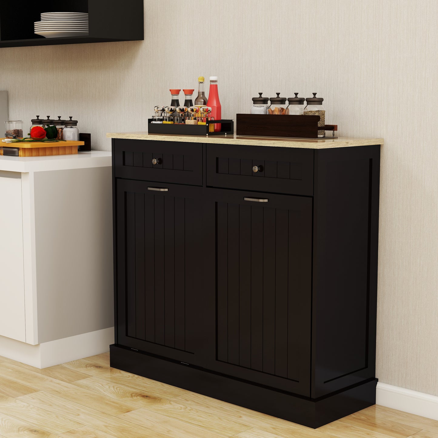 Two Drawers And Two-Compartment Tilt-Out Trash Cabinet Kitchen Trash Cabinet-Black