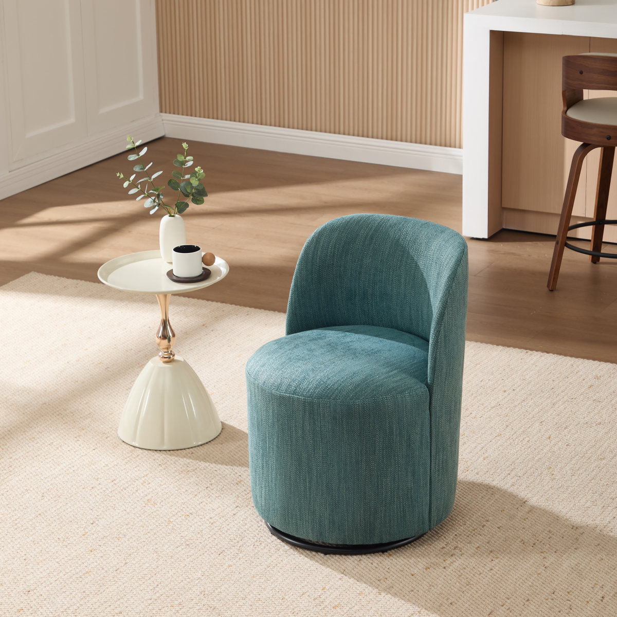 Set Of 1 Upholstered Kitchen & Dining Room Barrel Chair, Mid Century Modern Round Linen Dining Chair, 360 Degree Swivel Comfy Armless Accent Makeup Vanity Side Chair For Bedroom Living Room