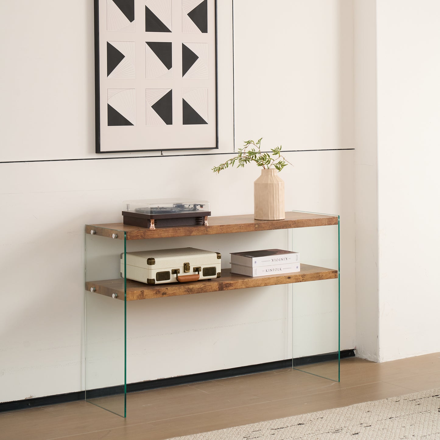 MDF Console Table, Big Side Table, Walnut Tempered Glass Desk,Entry Table
