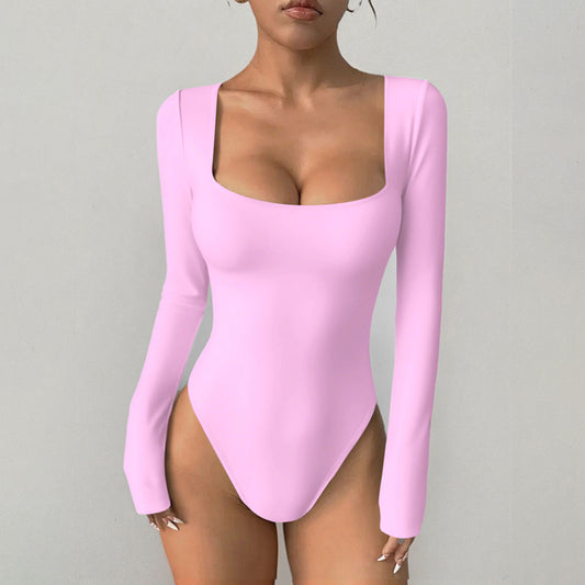 Women Square Neck Long Sleeve One-Piece Yoga Bodysuit Stretchy Tight Integrated Jumpsuit Fitness Workout Outfit