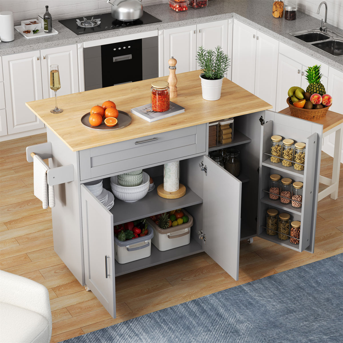L132.5XW44XH90cm Large Mobile Kitchen Table, Foldable Countertop, Oak Grain, Multifunctional Cabinet, Spice Rack, Towel Rack, 5 Wheels, Suitable For Kitchen Dining Home
