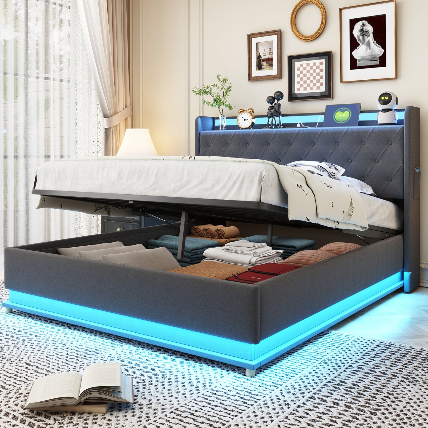 LED Upholstered Bed 140x200 Cm With USB Charging Port And Hydraulic Storage, Skin-friendly Linen Fabric Grey