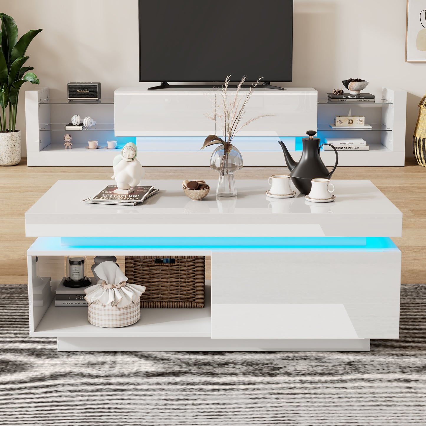 Modern High-gloss Coffee Table With LED Lighting, 100x50x40.3 Cm - Elegant Table With Drawer And 50 Kg Load Capacity